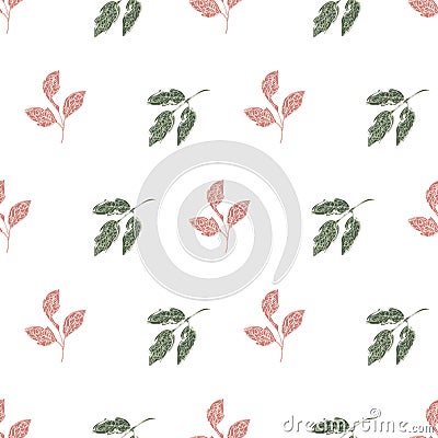 Pink green leaf vector seamless background pattern. Spring backdrop with leaves on neutral color. Scattered sprigs all Vector Illustration