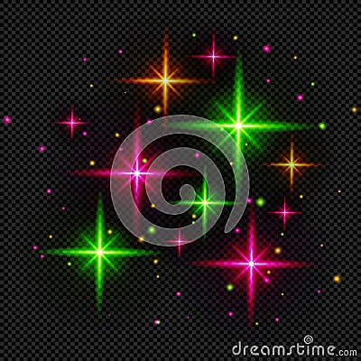 Pink and Green Shine Stars on Transparent Background Vector Radiant Flares Vector Illustration