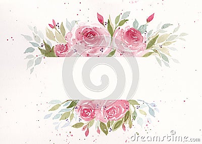 Pink and Green Watercolor floral Border Stock Photo