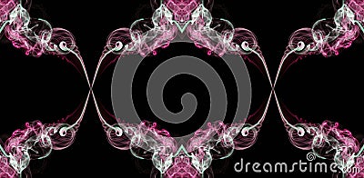 Pink, green and white abstract twisted smoke isolated on black background, formed in circles Stock Photo