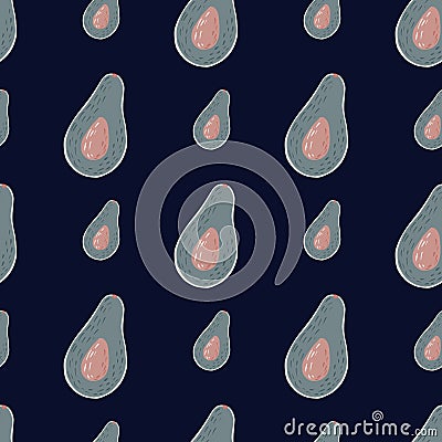 Pink and grey colored avocados seamless organic pattern. Navy blue dark background. Vitamin tasty backdrop Cartoon Illustration