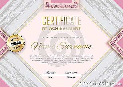 Pink grey grunge certificate template. Luxury pink marble with gold square for department cosmetic, parfume, stores Vector Illustration