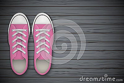 Pink gumshoes Shoes on wooden background Vector Illustration