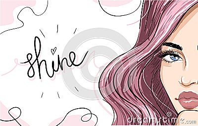 Pink hair half fashion face banner shine Vector Illustration