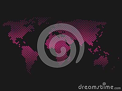 Pink halftone world map of small dots in diagonal arrangement. Bilinear horizontal gradient. Simple flat vector Vector Illustration