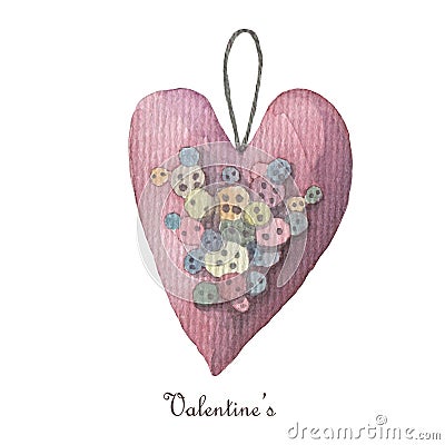pink hand sewn heart with buttons Isolated on white background. Watercolor valentines day clipart. Stock Photo