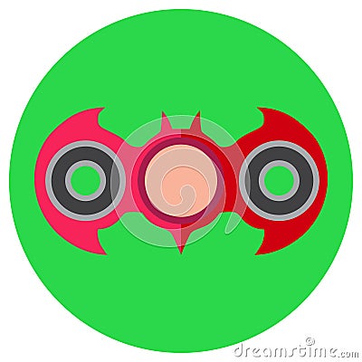 Pink hand-spinner in the form of a bat. Icon a flat style. Vector image on a round light green background. Element of Vector Illustration