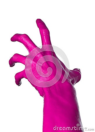 Pink hand on white background, isolated, paint Stock Photo