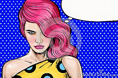 Pink head angry girl in Pop Art style.Pop Art girl.Advertising poster. Comic woman. seriously girl. Stock Photo