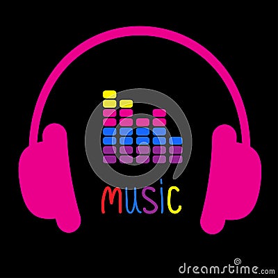Pink headphones, equalizer and colorful word Music. Card. Cartoon Illustration