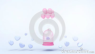 Pink heart balloons trapped in White Float cage and minimal heart group , Love concept - Valentine style - Modern Art Stock Photo
