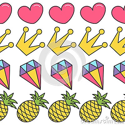 Pink heart, crown, diamond, pineapple. Quirky cartoon Seamless Pattern White background. Flat design. Vector Illustration