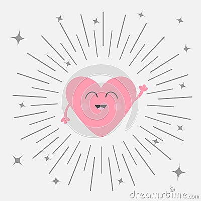 Pink heart face head with hands. Cute cartoon kawaii smiling character. Round line shining star circle. Valentines day sign symbol Vector Illustration