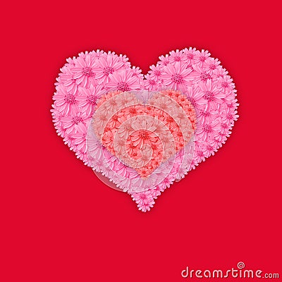 Pink heart flower valentine's day card on red background Stock Photo