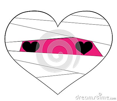`Pink heart icon wrapped in white as a mummy.Love symbols on a white background for Halloween and Valentine`s Day festivals. Cartoon Illustration