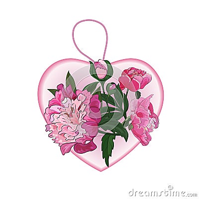 Pink heart, pendant with pink flowers of peonies. Vector. Vector Illustration