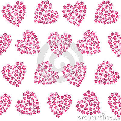 Pink heart from traces of paws footprint love pattern seamless v Vector Illustration