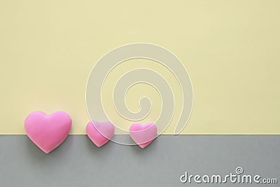 Pink hearts border frame background. Concept of love, romantic relationship, 3 d heart shape symbol, flat lay layout with copy Stock Photo