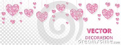 Pink hearts frame, border. Vector glitter isolated on white. For Valentine and Mothers day cards, wedding invitations. Vector Illustration