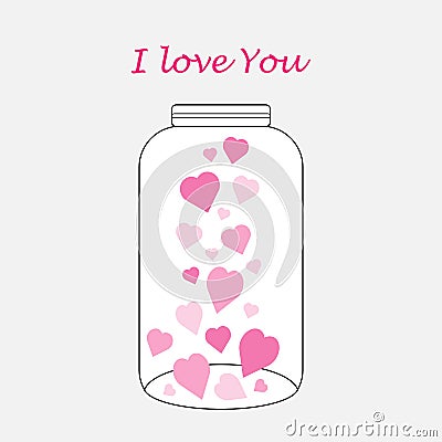 Pink hearts in a glass jar, thanks card, I love you, vector illustration for Valentines day Stock Photo