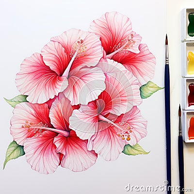 Pink Hibiscus Watercolor Painting With White Frills On White Backdrop Stock Photo