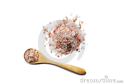 Pink Himalayan organic salt in an eco-friendly little wooden spoon top view, isolated object, healthy dieting Stock Photo