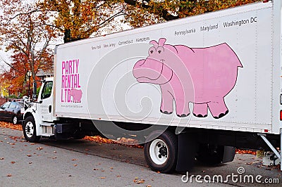 A pink hippo Party Rental truck Editorial Stock Photo