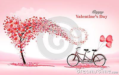 A Pink Holiday Valentine`s Day background. Bicycle with a red ballons and tree with heart-shaped leaves Vector Illustration