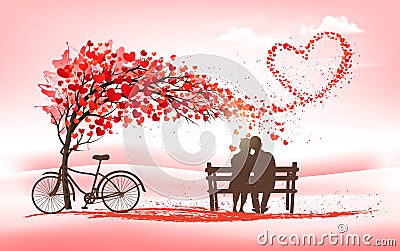 A Pink Holiday Valentine's Day background. Tree with heart-shaped leaves Vector Illustration