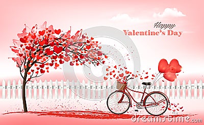 A Pink Holiday Valentine`s Day background. Tree with heart-shaped leaves and bike Vector Illustration