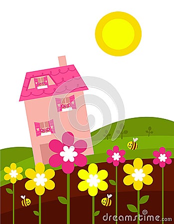 Pink house behind spring flowers Vector Illustration