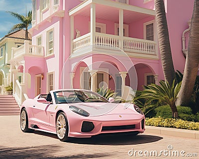 pink house with a pink sportcar in front of it. Stock Photo