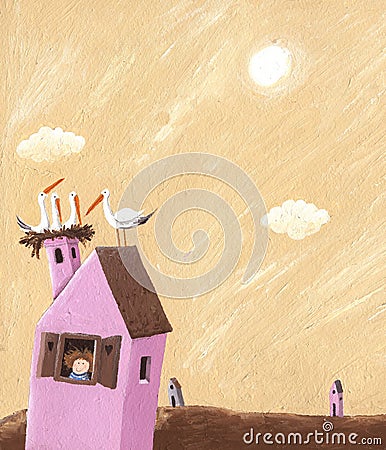 Pink house with storks nest on the roof Cartoon Illustration