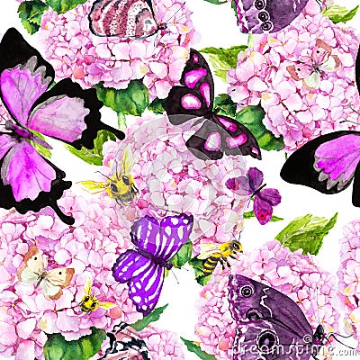 Pink hydrangea flowers, butterflies, bees. Seamless floral pattern. Watercolor. Stock Photo