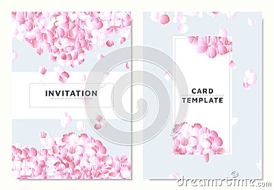 Pink hydrangea, petals dropping on blue background, invitation card template Vector Illustration