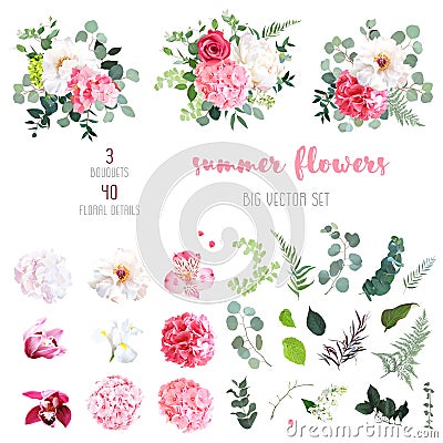 Pink hydrangea, rose, white peony, iris, ochid and sage greenery Vector Illustration