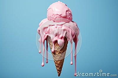 Pink ice cream cone in the process of melting against a serene blue background, evoking a sense of summery nostalgia. Ai generated Stock Photo