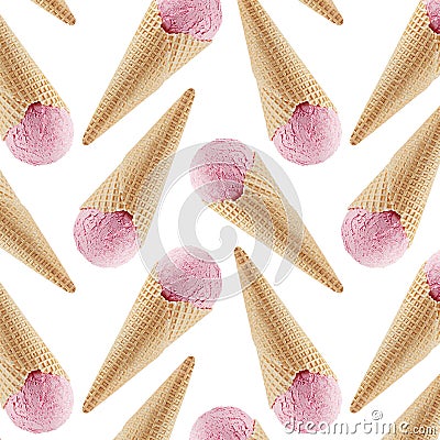 Pink ice cream in crisp waffle cones as seamless decorative pattern isolated on pink color, summer food background. Stock Photo