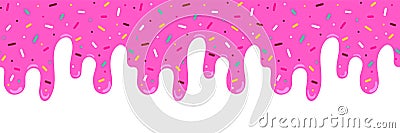 Pink ice cream melted with colorful cute candy sprinkles long border, banner seamless pattern Vector Illustration