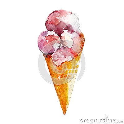 Pink ice cream, watercolor illustration isolated on white. Cartoon Illustration