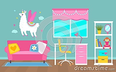 Pink interior girl schoolgirls or female student. Work desk, shelving, sofa and unicorn on the wall. Vector illustration. Living Cartoon Illustration