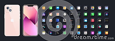 Pink Iphone 15. Apple mockup. Apple interface. Apple apps. Apple logo button. Calendar, notes, history, main menu. IOS call screen Vector Illustration