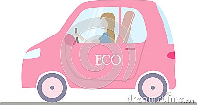 A pink isolated eco;ogical electric car with a woman. Vector Illustration