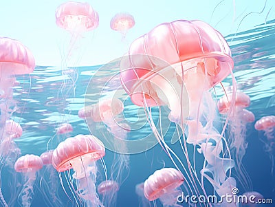 Pink jelly fish floating in aquarium Cartoon Illustration