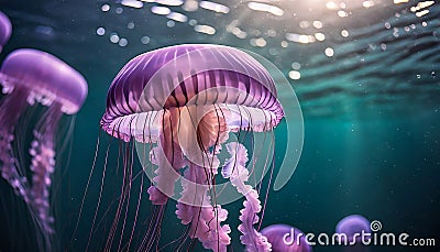 Pink jellyfish floats in dark sea water. Mauve Stinger, Pelagia noctiluca. Underwater life Stock Photo