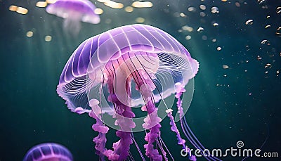 Pink jellyfish floats in dark sea water. Mauve Stinger, Pelagia noctiluca. Underwater life Stock Photo