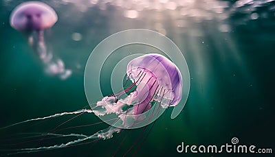 Pink jellyfish floats in dark sea water. Mauve Stinger, Pelagia noctiluca. Underwater life Stock Photo