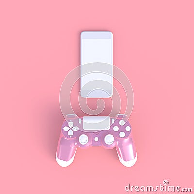 Pink joystick with smart phone on pink table background, Computer game competition, Gaming concept Stock Photo