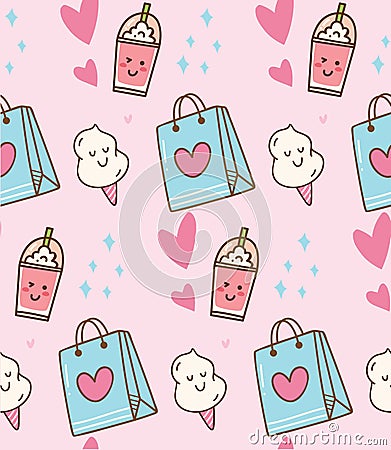 Pink kawaii background with gift bag and cotton candy Stock Photo