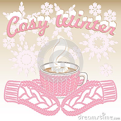 Pink knitted mittens and cocoa cup with knit sleeve Cartoon Illustration